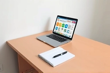 Desk setup for focused online learning and planning.