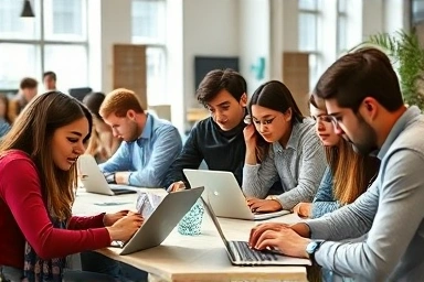 Diverse people learning online in a collaborative modern space