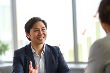 Confident speaker achieving success in a professional interview.