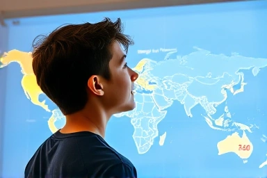 World map with glowing study pathways and financial symbols.