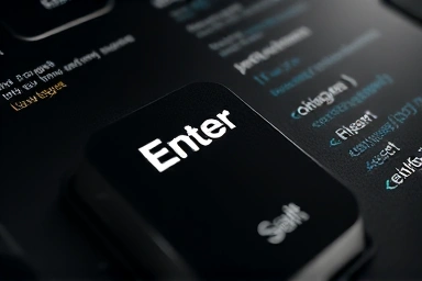 Python code on desk with illuminated keyboard 'Enter' key