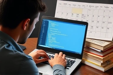 Focused study for SQLD certification with books and laptop