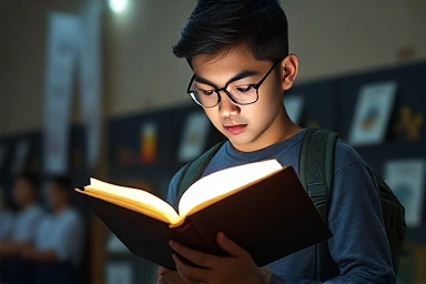 Student reading book, symbolizing knowledge and growth