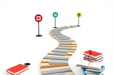 Academic journey path with books leading to college majors