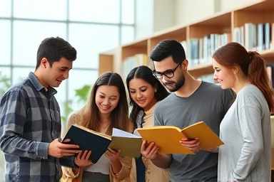 Students studying and working together in a bright university setting.