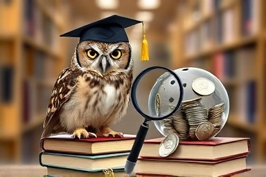 Wise owl on books examining transparent piggy bank with money.