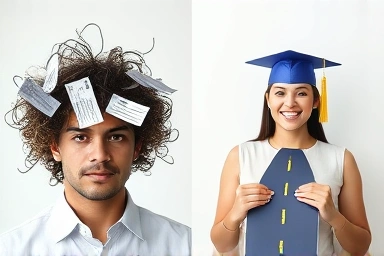 Overwhelmed paperwork vs. clear roadmap to academic success.