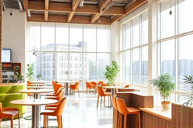 Modern study cafe interior with diverse seating and natural light.
