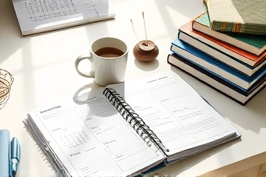 Organized desk with study planner and books, symbolizing productivity.
