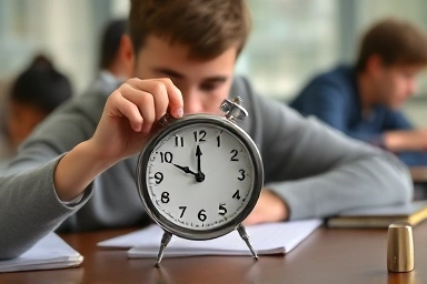 Student managing exam time with a timer and focused expression.