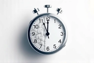 Abstract art of clock and brain, symbolizing time management and intellect.
