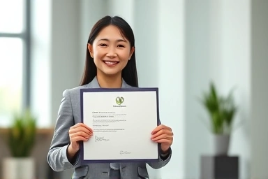 Professional woman holding a certificate in a modern office.