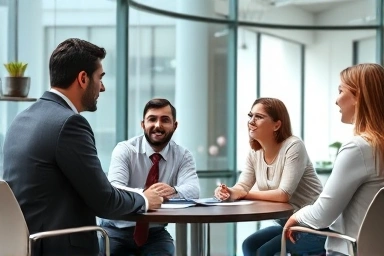 Professional business meeting, diverse team, success, English proficiency symbol.