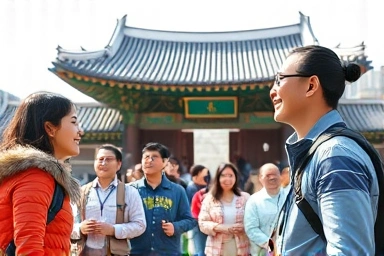 Confident tour guide speaking English to tourists