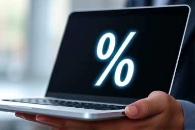 Digital discount symbol over a laptop screen.