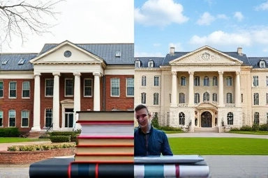 Public vs private university campus contrast, educational investment.