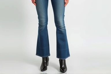 Flared jeans and heeled boots creating an elongated leg silhouette.