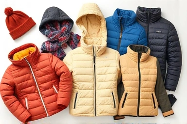 Assortment of stylish, budget-friendly lightweight puffer jackets and winter accessories.