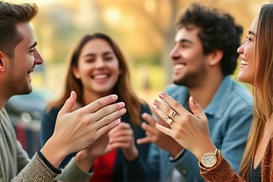 Young adults sharing a happy moment, friendship rings subtly visible.