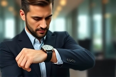 Man checking stylish wristwatch, symbol of success and professionalism.