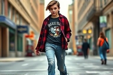 Person in 90s grunge outfit on city street