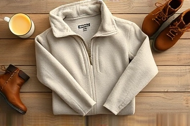 Cozy flat lay of a fleece jacket, boots, and warm drink