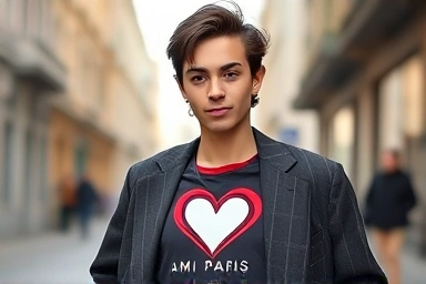 Person wearing AMI heart logo t-shirt with a blazer