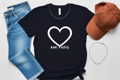 Flat lay of AMI heart logo t-shirt and outfit accessories