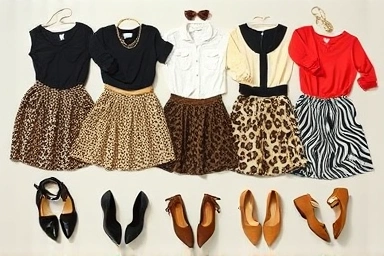 Flat lay of animal print skirts and fashion accessories.