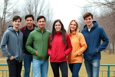 Stylish adults wearing versatile anorak windbreakers in an urban park.