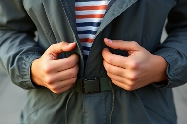 Close-up of anorak windbreaker fabric and layering for a stylish outfit.