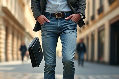 Person wearing naturally faded APC raw denim jeans on a city street.