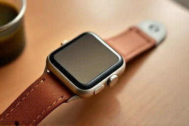 Apple Watch with brown leather strap, sophisticated lifestyle