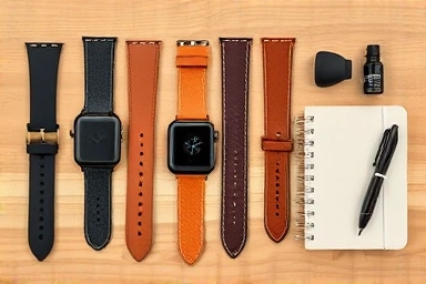 Assortment of luxury leather Apple Watch straps and care items