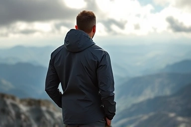 Arcteryx Beta LT jacket on mountain peak with dramatic landscape.