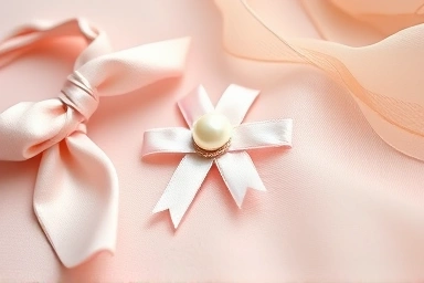 Balletcore accessories: ribbon hair tie, brooch, and scarf.