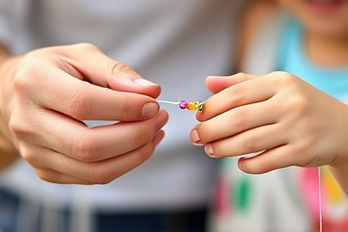 Adult and child hands crafting bead rings together.