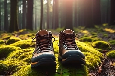 Budget hiking boots on forest floor, adventure, nature