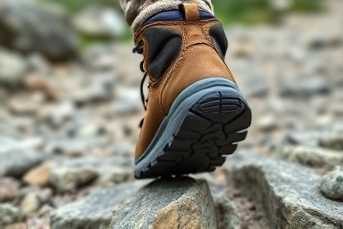 Hiker's feet in boots on rocky trail, grip, stability