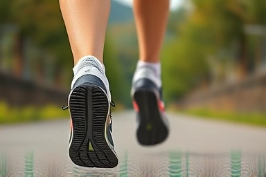 Feet in comfortable running shoes, mid-stride on a path.