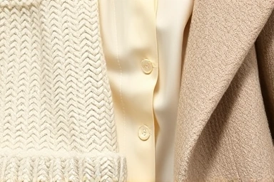 Close-up of beige and ivory fabric textures: knit, silk, wool.