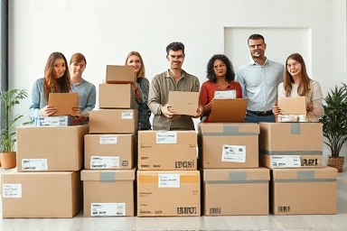 Happy people receiving diverse packages from shipping forwarders.
