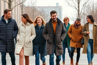 People wearing stylish and warm long padding jackets outdoors.