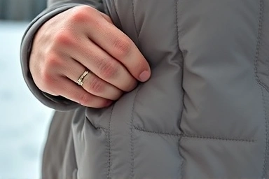 Close-up of premium long padding jacket material and stitching detail.