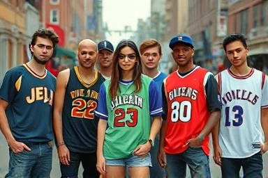 Young adults styling blockcore fashion with vintage jerseys and streetwear.