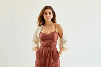Woman in layered bustier dress, sophisticated fashion