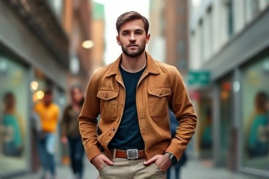 Man wearing stylish carpenter pants and chore jacket outdoors.