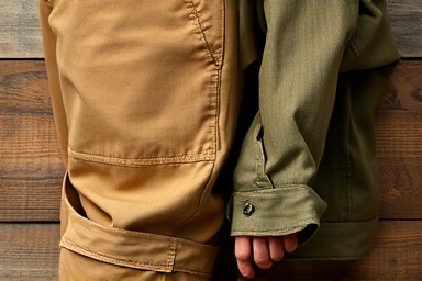 Close-up detail of carpenter pants and chore jacket fabric.