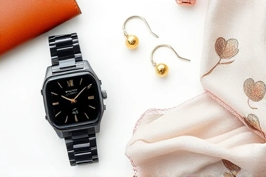 Flat lay of Casio watch, jewelry, wallet, and silk scarf.