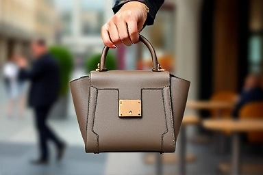 Woman holding a Celine Triomphe mini bag in an urban setting.